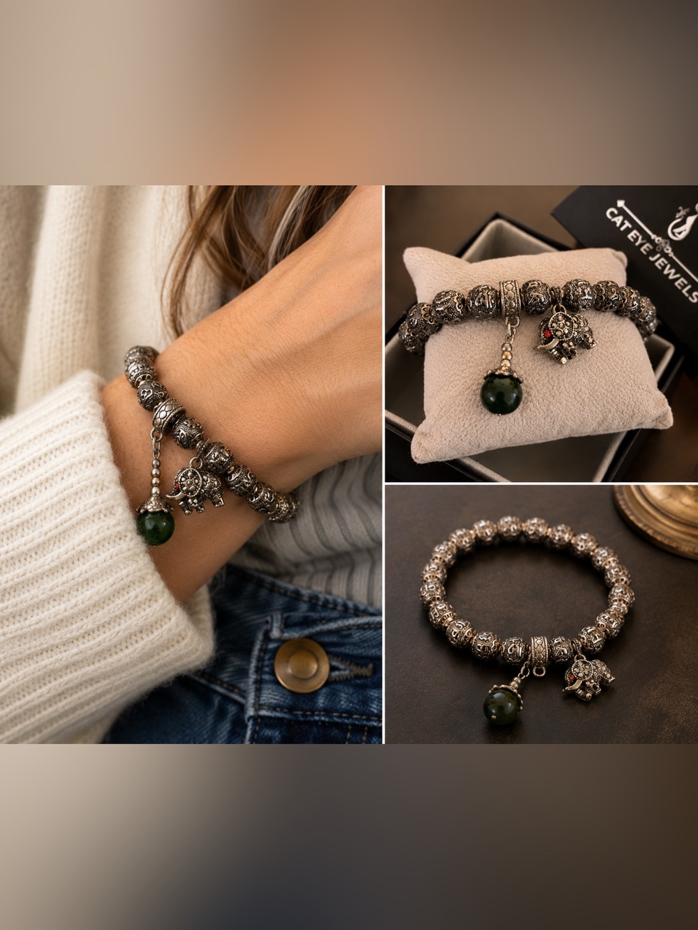 Tibetan Silver Elephant Charm Bracelet Green Bead Stretch Bracelet Gift
